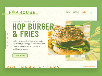 Hop House Landing Page branding burgers buttons cta design food green landing page large type lunch restaurant southern typography ui ui ux design website