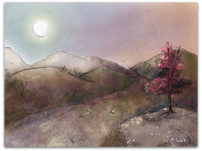 Landscape comic drawing evening illustration moon night pink sketch sky tree web