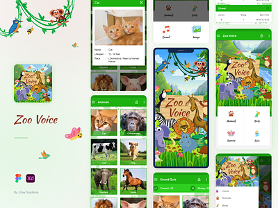 Zoo Voice (Animals and Birds) - Information | Sound | Quiz animals birds brown design flat game green illustration logo minimalist mobile mobile app quiz sound uiux vector voice zoo