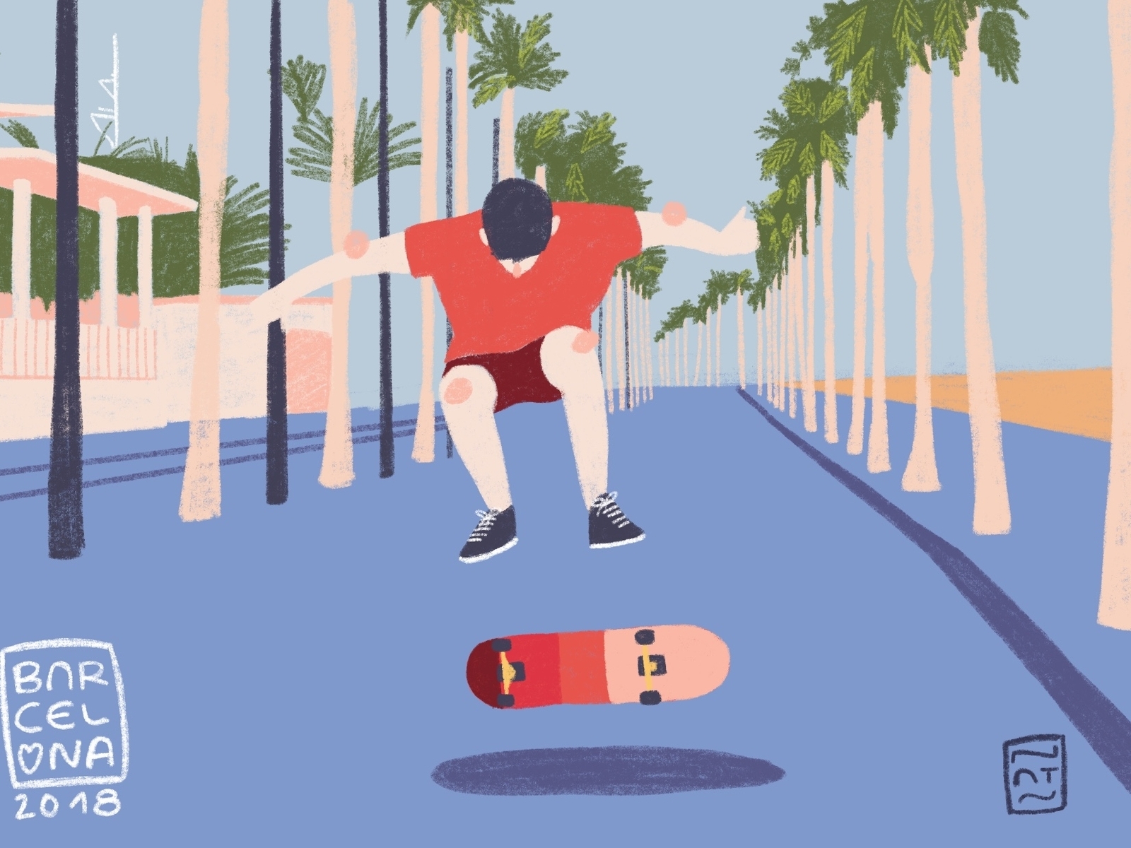 Port Olímpic portrait design illustration art illustration palms street sea beach bcn barcelona skater skate boy
