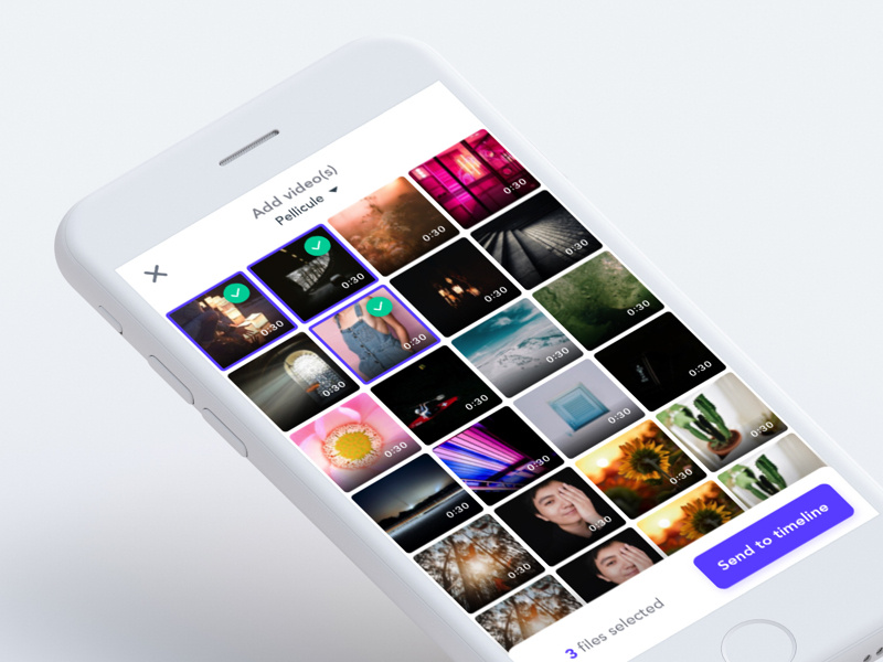Video Add Rebound video ux ui thumbnails selection pellicule mobile library gallery files