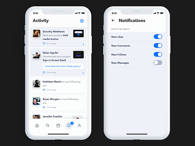 Activity Page activity bottom menu clear ui design iphone 10 light mobile notification center settings toggles ui ux