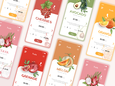 Fruits shop android app aquarel colors astrolab colors design figmadesign fruit fruits app illustration interface design interface designer ios iphone shop store ui ux vector