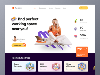 Coworking Space Landing page agency coworking coworking space ecommerce homepage landing page mockup office officespace shared space startu typography ui ux web design website website design working from home working space workspace