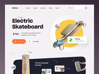 Electric Skateboard - Product Landing Page battery bike design agency ecommerce electric car electric scooter homepage ice skating landing page mockup rechargeable scooter roller skate scooter skateboard skateboarding skater tesla vehicle web design website