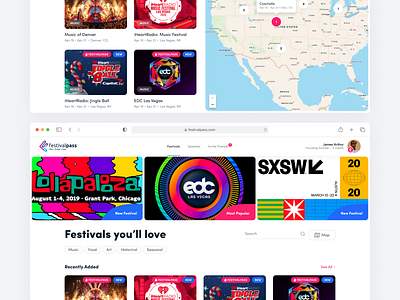 FestivalPass – Festivals app b2b b2c box cards clean colorful design ecommerce events festivals influencer minimal music party platform tickets ui video virtual