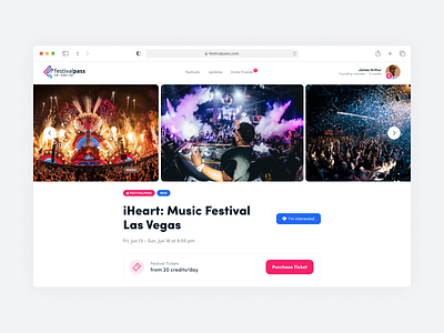 FestivalPass – Event details app b2b b2c box cards clean colorful design ecommerce events festivals influencer minimal music party platform tickets ui video virtual