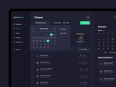 ScoreSheet – Calendar analytics app b2b b2c box cards clean clean design clean ui dark mode dashboard design education minimal minimalism minimalistic service statistics table ui