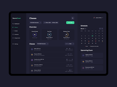 ScoreSheet – Classes analytics app b2b b2c box cards clean clean design clean ui dark mode dashboard design education minimal minimalism minimalistic service statistics table ui