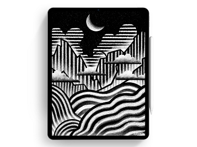 White Night artwork design digital art grain texture illustraion landscape illustration moon mountains night procreate river sketch texture