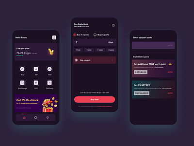 Digital Gold Mobile App buy gold crypto currency dark theme digital gold finance fintech gold invest mobile app product design sell gold uidesign ux uxdesign