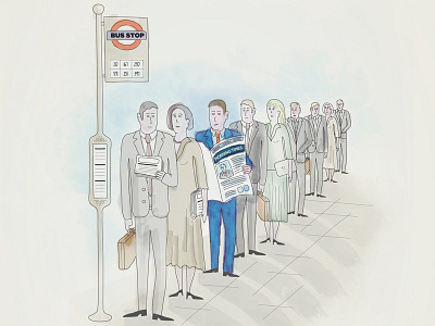 Bus stop bus stop business education finance illustration investment morning commute morning paper people professionals queue reading waiting watercolour