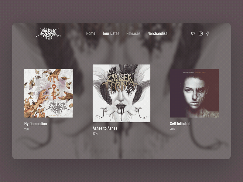 Chelsea Grin "Releases" page 🤟 album animation band blur chelsea cover deathcore gif grin hardcore metal metalcore music release rock rock band track ui webdesign website