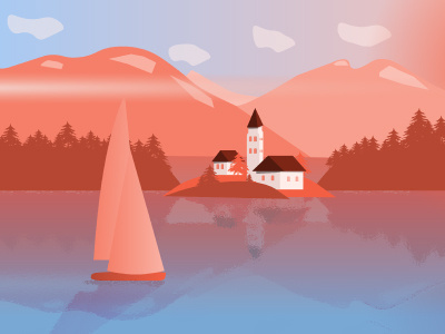 shire on pond home house mountain pink pond sail boat scenario ship tree pine vector