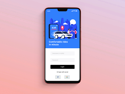 Car Ride App login screen app design apps branding car character illustraion interaction minimal trend ui ux