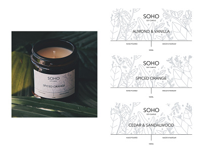 SOHO Soy Candles label illustrations branding design floral floral design illustration label label design label packaging minimalist
