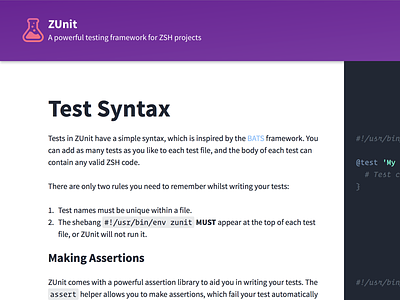 ZUnit Docs page design web