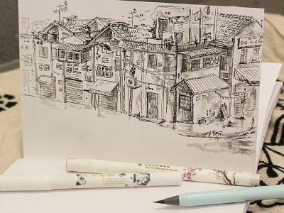 Asian city streets art asia black and white brush city drawing illustration inking sketch urban water color brush