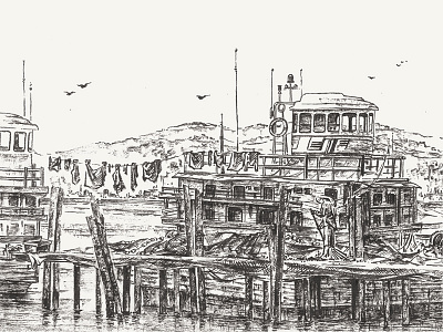 Fisherman's village art asia black and white brush brush pen everyday life graphic inking island malaysia pier ship