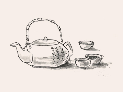 Teapot asian black and white drawing hand drawn inking liner sketch teapot