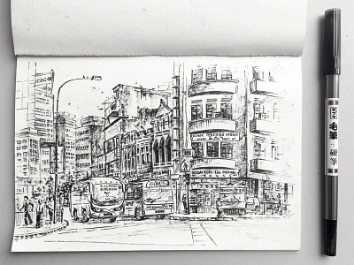 Kuala Lumpur black and white city hand drawn inking street urbansketching