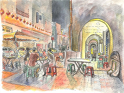 Twilight time cafe chinatown city evening patios restaurant street streetfood urban sketch urbansketching watercolor