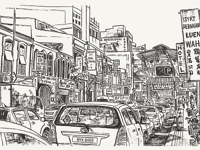 Traffic jam on Petaling street black and white chinatown city hand drawn inking kuala lumpur street urban urbansketching