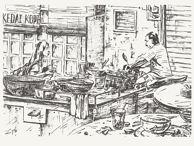 Cafe by the road asian cafe drawing everydaylife fine art hand drawn illustration ink malaysia monochrome postcard streetfood