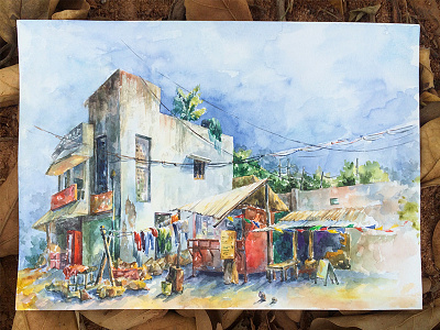 Countryside scene indian lifestyle painting paper village watercolor