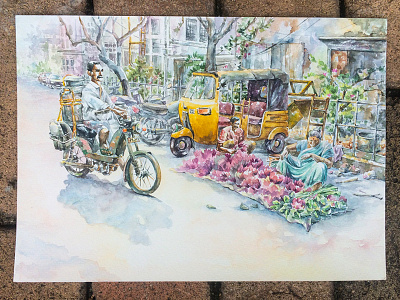 Lotus dealer bike fineart flowers indian lifestyle morning painting paper rickshaw watercolor