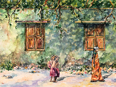 Saffron-green noon green indian lifestyle orange painting paper rural village watercolor