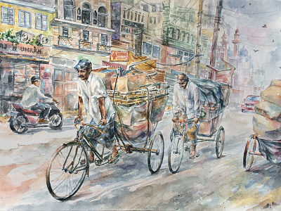 Rickshaw asia city indian lifestyle painting paper rickshaw road watercolor
