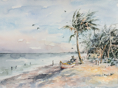 Shanti boat painting palm tree paper peaceful seascape seashore watercolor