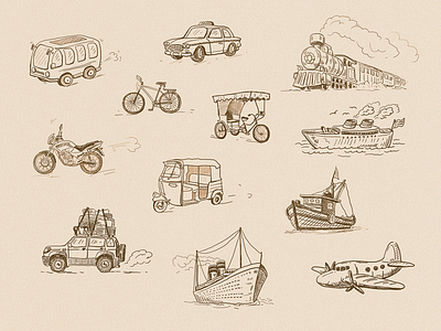 Illustrations for traveling company art black and white drawing hand drawn illustration rikshaw sketch transport vector vintage