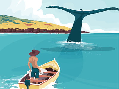 Elusive boat fisherman flat illustration island sea whale