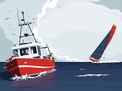 J+79 Golfe de Gascogne bird boat fisher fishing flat gull illustration ocean sail sailing sea vector