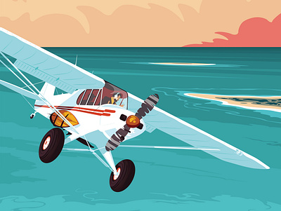Pegasus aircraft clouds flat graphic illustration island ocean plane sea sky sunrise sunset surfnsurfing vector