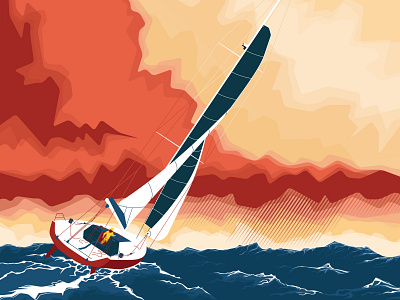 Going through flat graphic illustration sail sailing sea storm vector