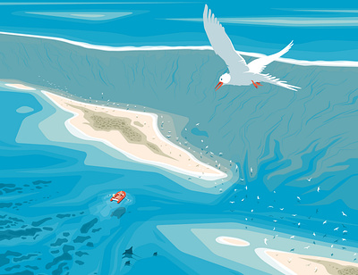 Alone in the crowd bird flat illustration island lagoon landscape sea vector