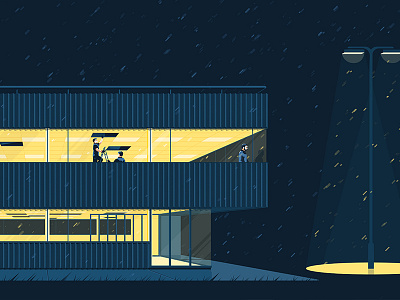 Night shift architecture building flat illustration light night rain vector