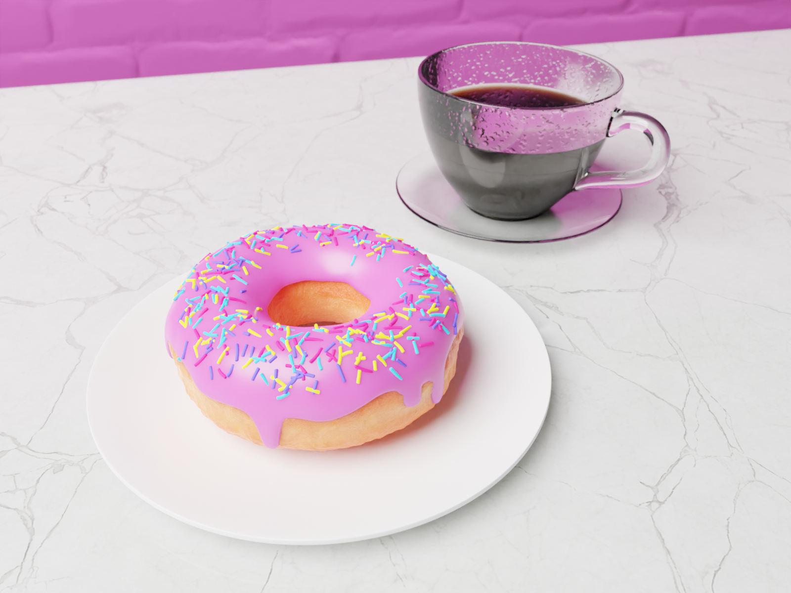 Pink donut and coffee cup. Pink donut and coffee cup.