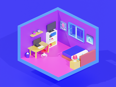Low-Poly Bedroom 3d 3d art 3d room b3d blender blender3d blue isometric isometric illustration isometric room pink purple render room