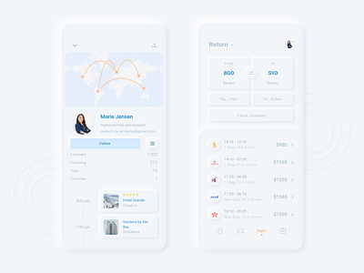 Neumorphic Rebound of Nomad iOS UI Kit 2020 adobe xd app design clean creative design design trends iphone map minimal neumorphic neumorphism profile travel traveling ui uikit ux