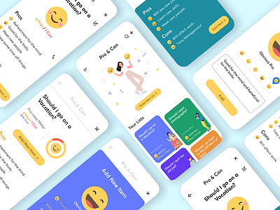 The Pro & Con Face Mobile App clean creative cons emojis feedback flat flutter happy illustration mobile app pros sad smiley specindia ui ux vector