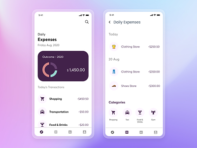 Daily Expense Tracker adobe xd app banking clean creative concept credit card design expense expense tracker finance flat minimal mobile app money shopping specindia tracker ui ux