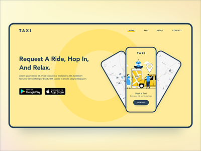 Landing Page for Taxi Booking Application adobe xd app store booking cab clean creative design flat google play store illustration landing page minimal route specindia taxi ui ux vector website