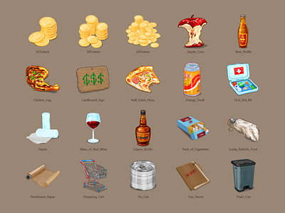 Vector Icons for Game apple core beer bottle cardboard sign chicken leg energy drink first aid kit gauze glass of red wine illustration liquor bottle lucky rabbits foot pack of cigarettes parchment of paper pizza shopping cart tin can tokens top secret folder trash can vector icon