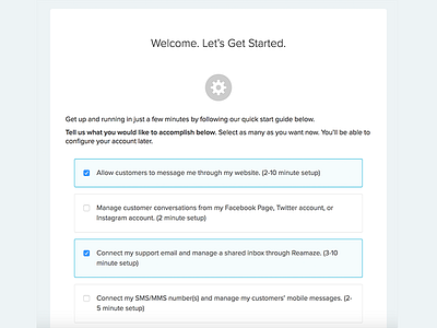 Reamaze Onboarding - Pick your own adventure colors dashboard desktop flat highlight minimal modal onboarding pop up simple ui ux