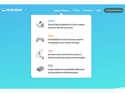 Re:amaze Explore Features Menu css design feature menu landing page menu navigation webapp