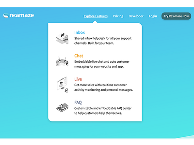 Re:amaze Explore Features Menu